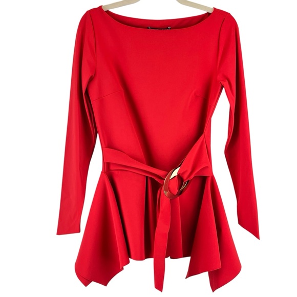 Chiara Boni La Petite Robe Top Red Peplum Handkerchief Hem Gold Circular Belt 6 - Picture 1 of 12